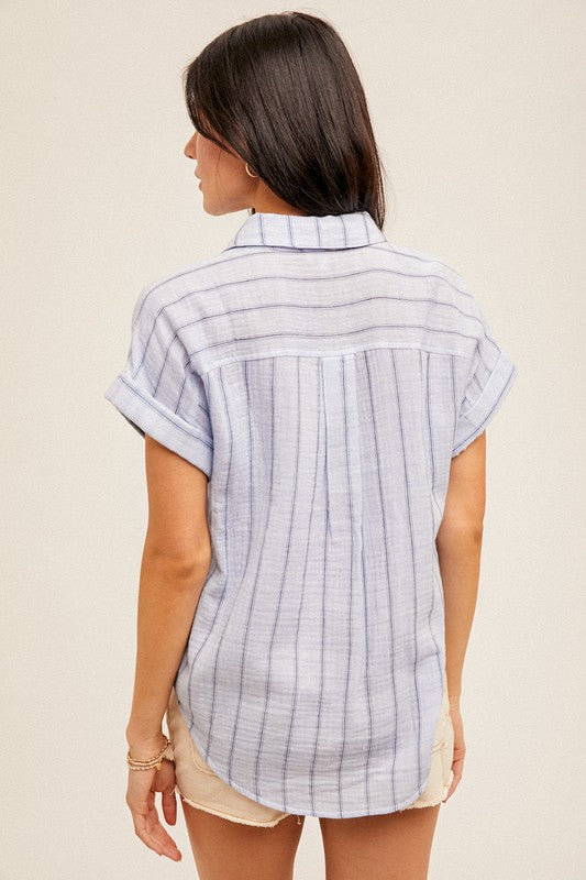 DOUBLE PLY STRIPE SHORT SLEEVE BUTTON DOWN SHIRT