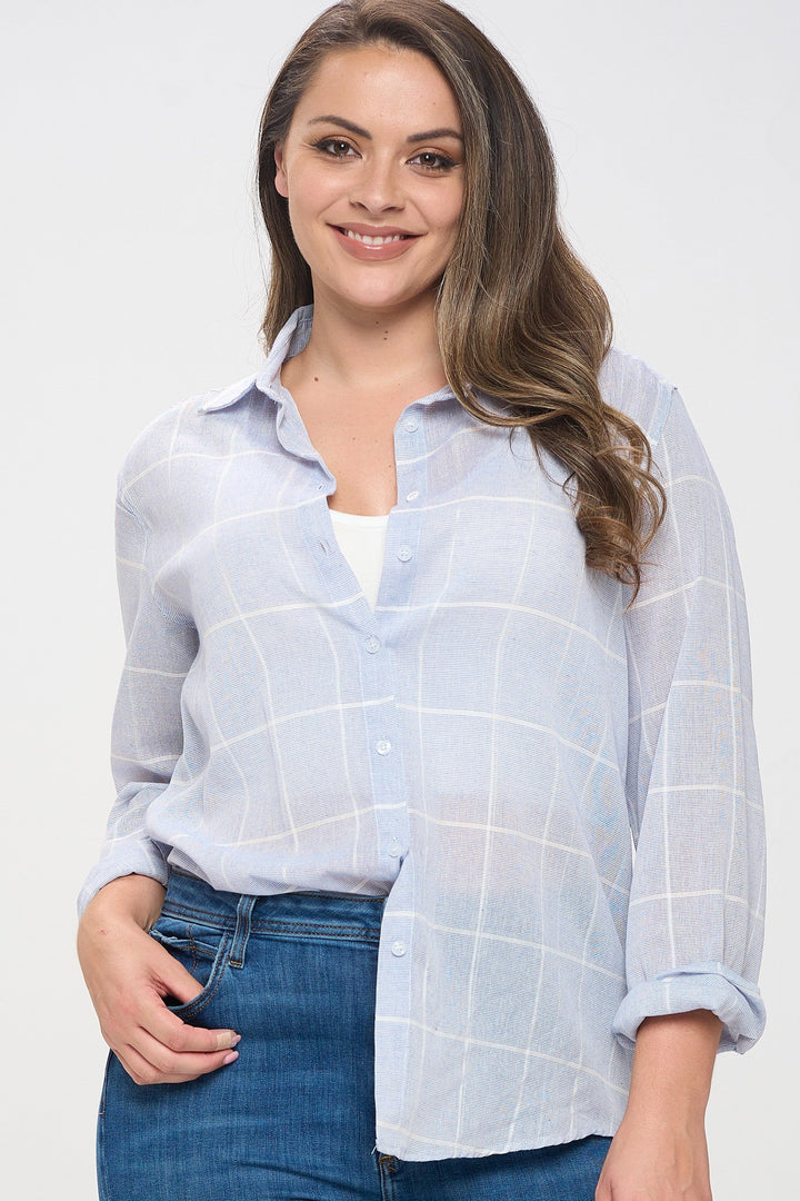 Curvy Grid Print Button Down Top