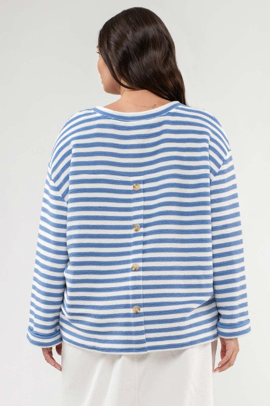 CURVY STRIPED SPLIT NECK BACK BUTTON KNIT TOP