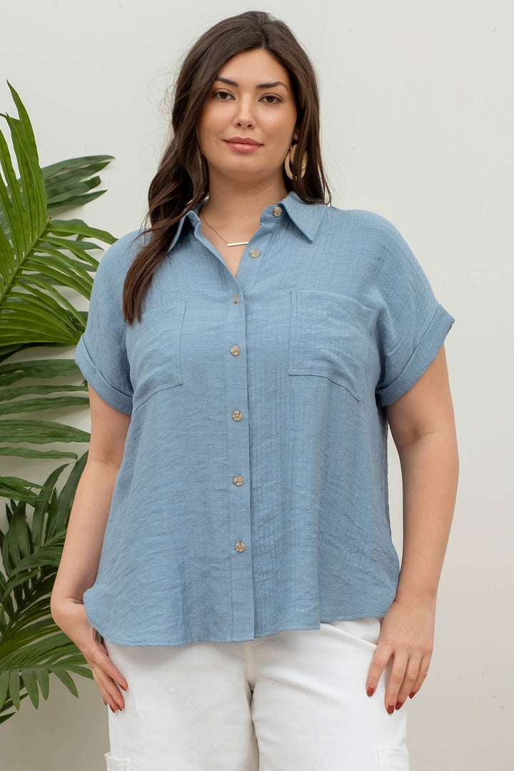 CURVY SOLID FOLD SLEEVE BUTTON DOWN TOP