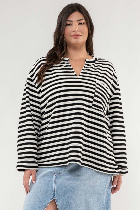 CURVY STRIPED SPLIT NECK BACK BUTTON KNIT TOP