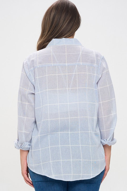 Curvy Grid Print Button Down Top