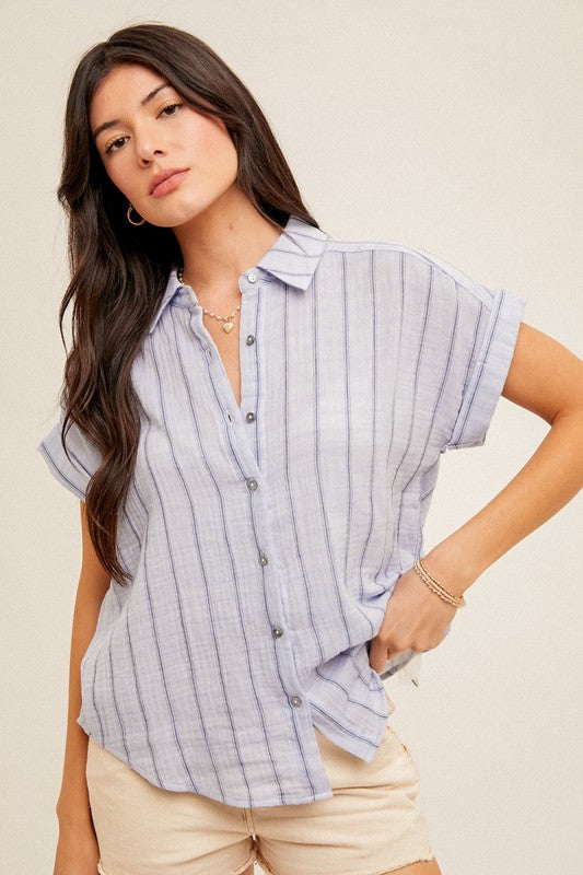 DOUBLE PLY STRIPE SHORT SLEEVE BUTTON DOWN SHIRT