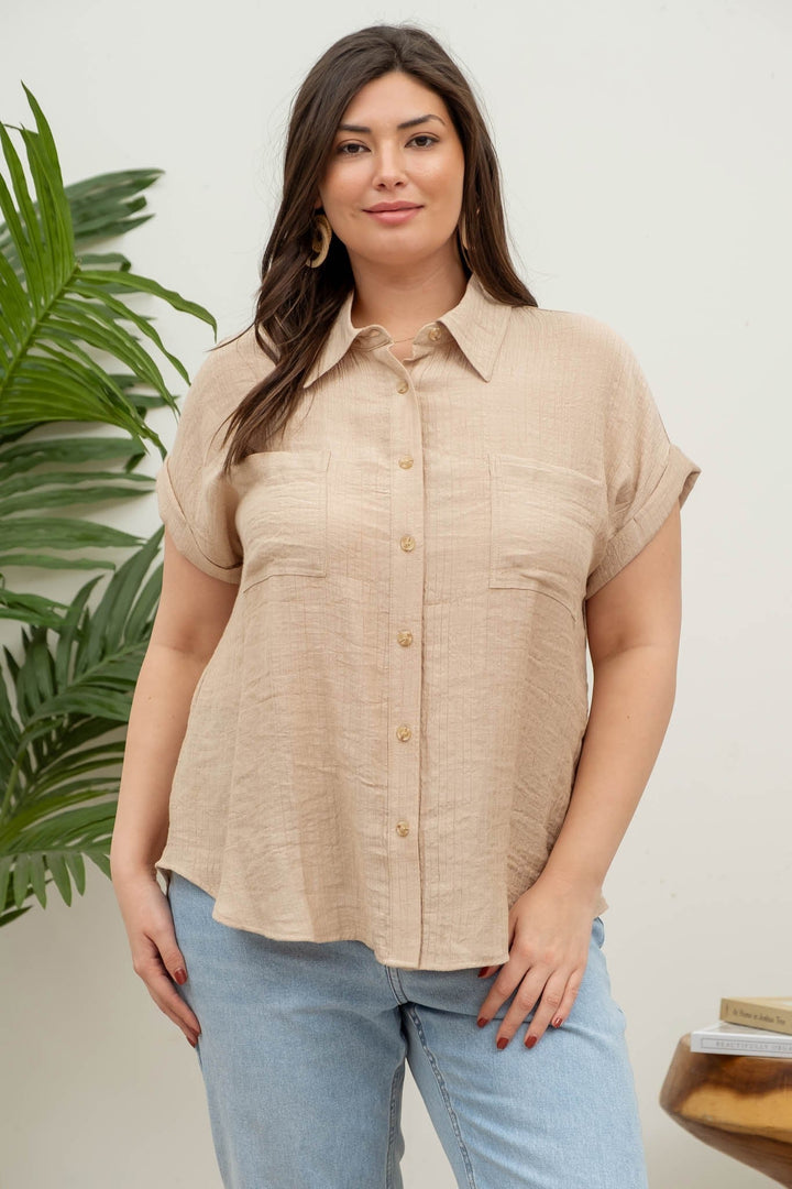 CURVY SOLID FOLD SLEEVE BUTTON DOWN TOP