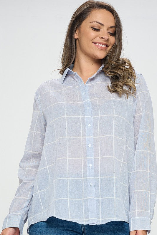 Curvy Grid Print Button Down Top