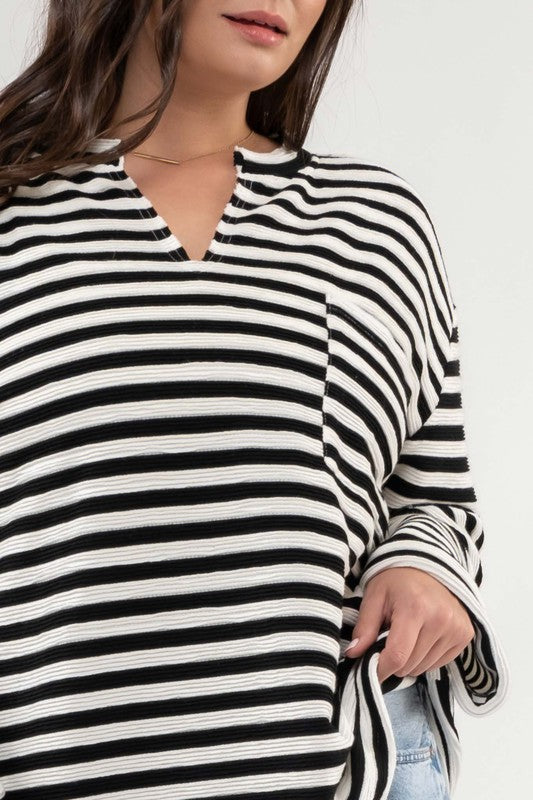 CURVY STRIPED SPLIT NECK BACK BUTTON KNIT TOP