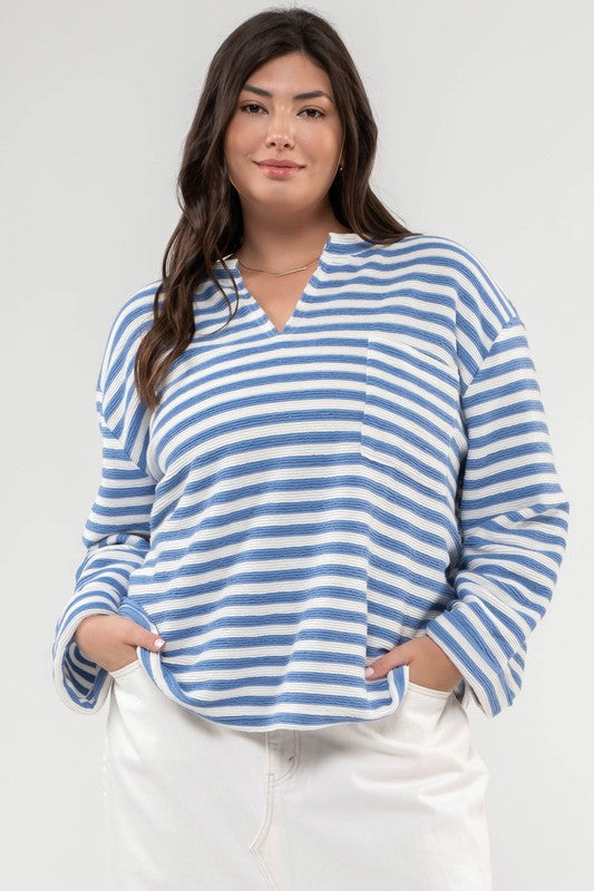 CURVY STRIPED SPLIT NECK BACK BUTTON KNIT TOP