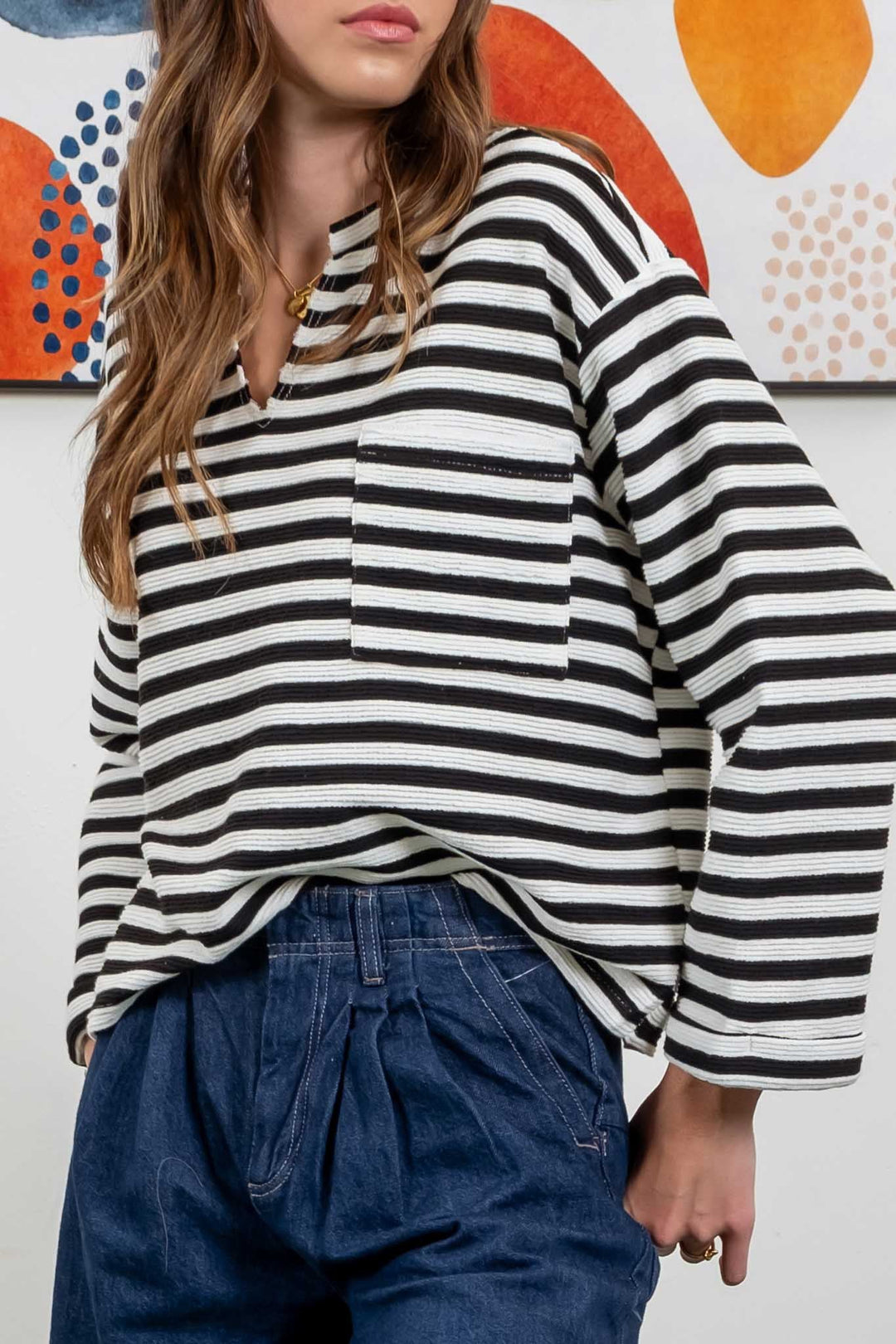 STRIPED LADDER KNIT PULLOVER SWEATER