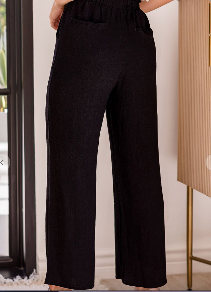 Black Wide Leg Elastic Casual Pants with Pockets