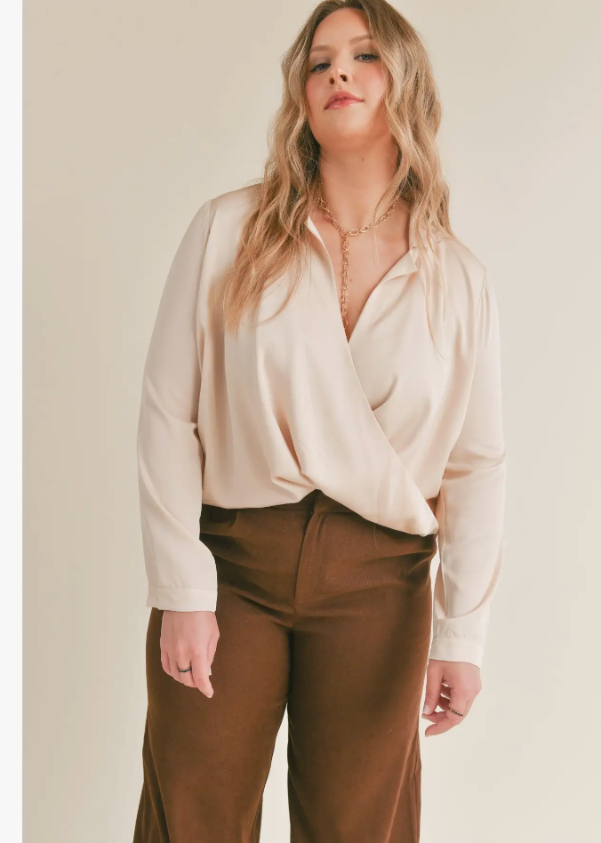 Curvy Taz Wrap Long Sleeve Top: Champagne