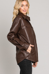 Chocolate Soft Pleather Button Front Shacket