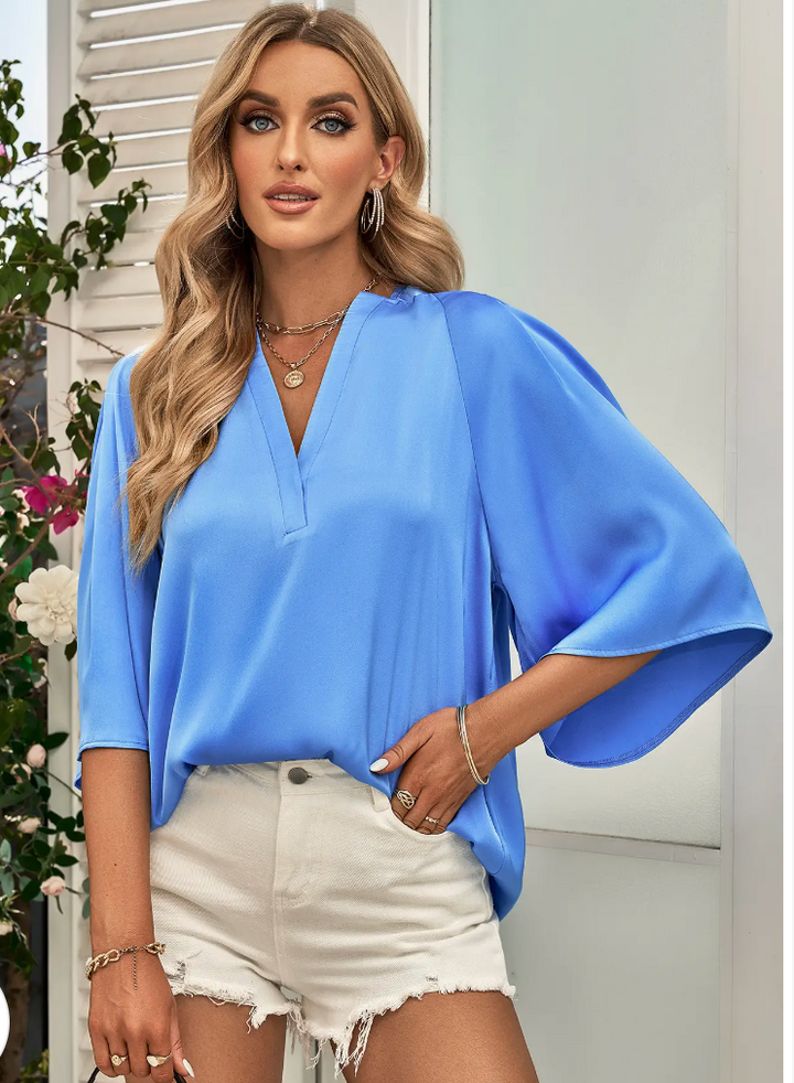 Blue Satin Half Sleeve V Neck Blouse