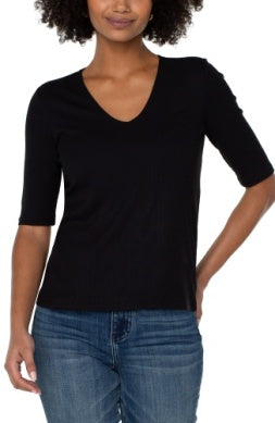 double layer v neck 1/2 sleeve rib knit top